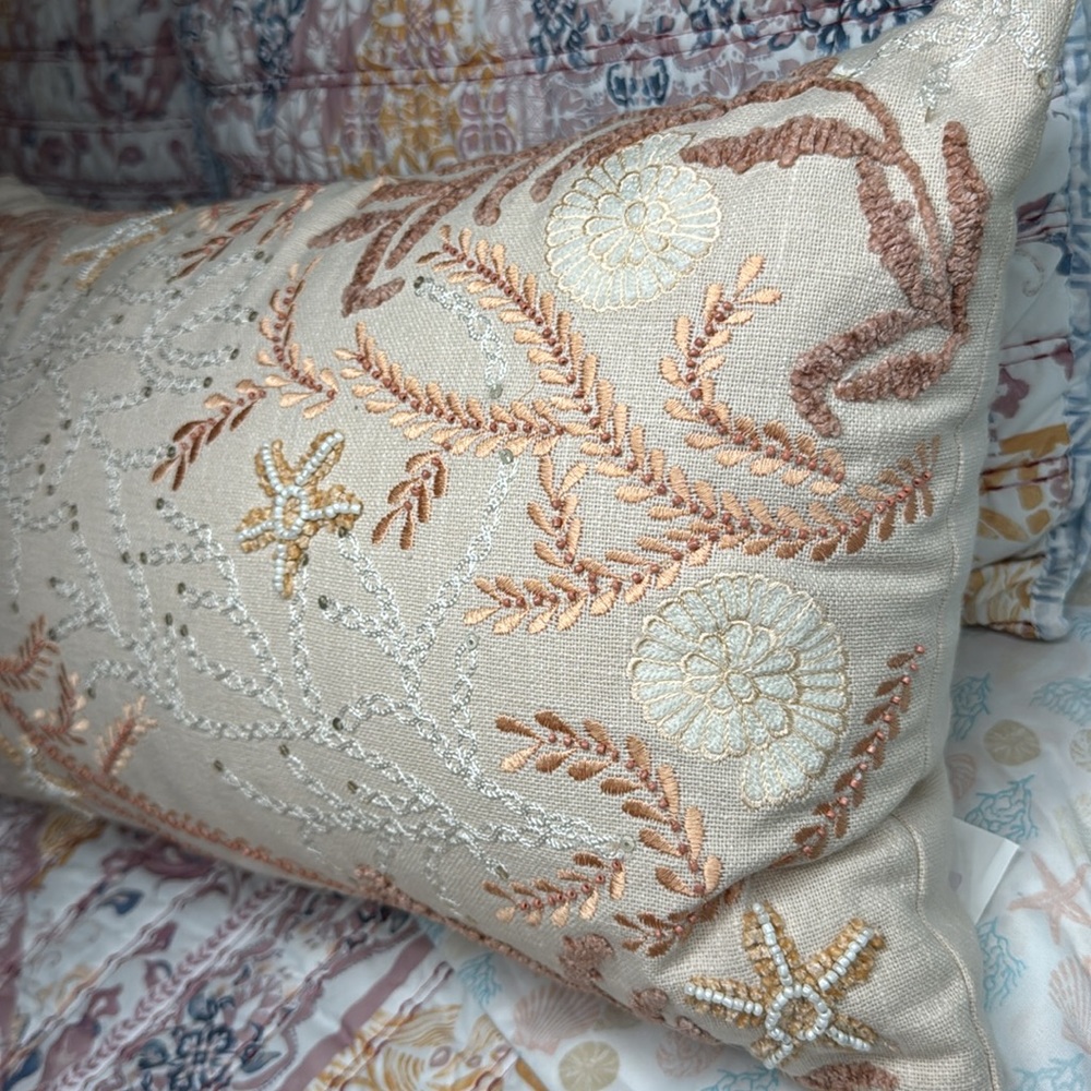NEW Large Coastal Hand Embroidered w beads & Sequins Lumbar Pillow Beach Boho - Picture 16 of 17